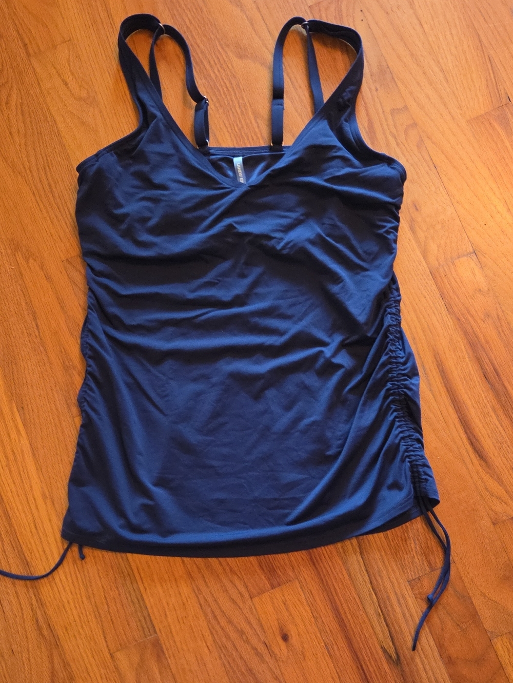 Lands' End Navy Ruched Side Tank with Adjustable Straps 10L Long Torso Like New
